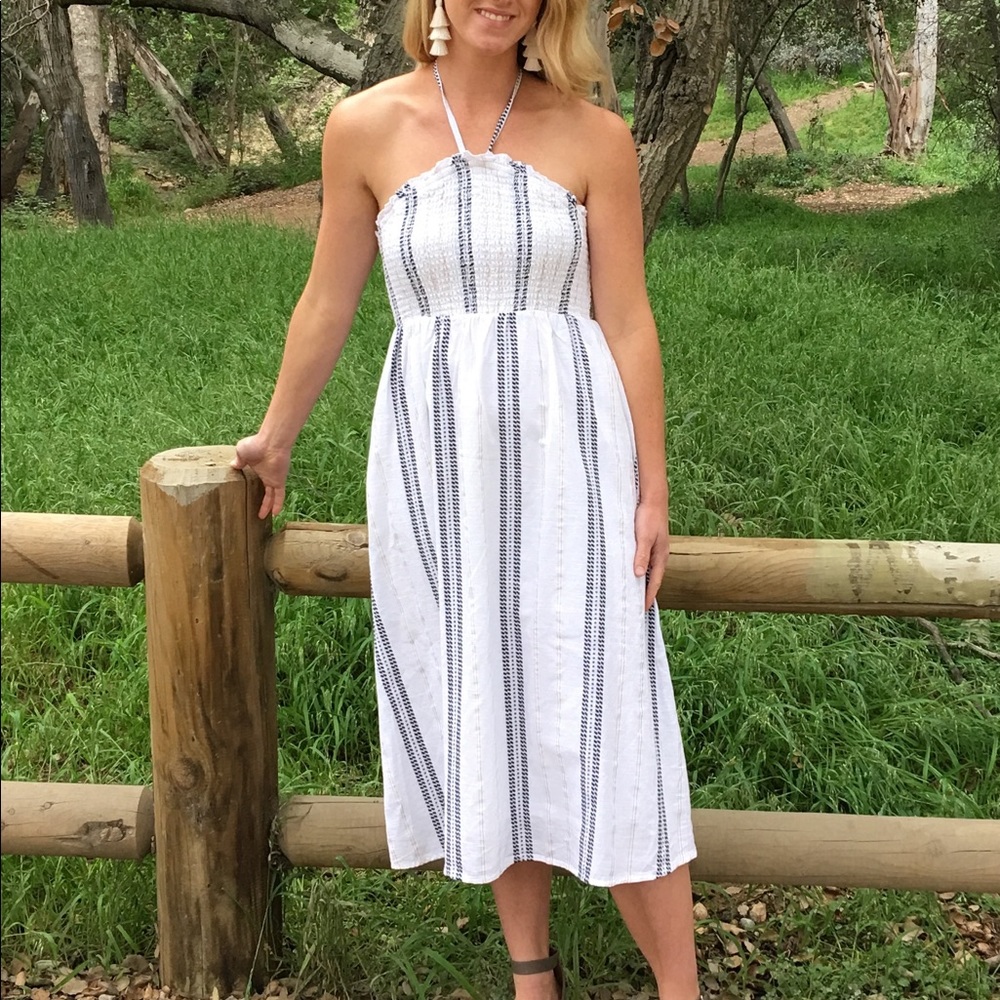 White Linen Look Striped Halter Dress
